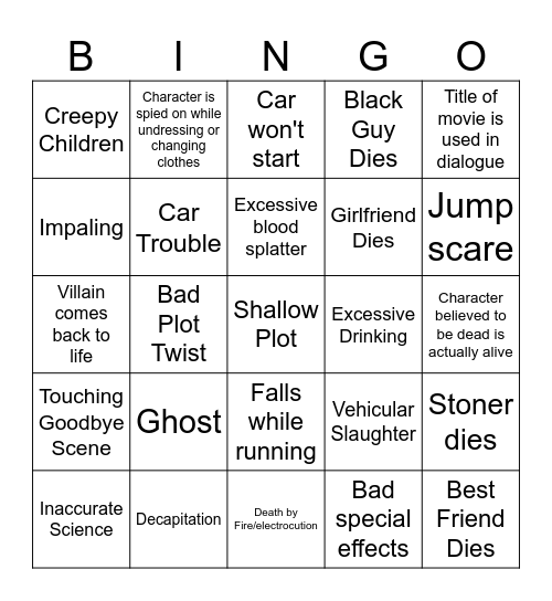 Bad Horror Movie Bingo Card