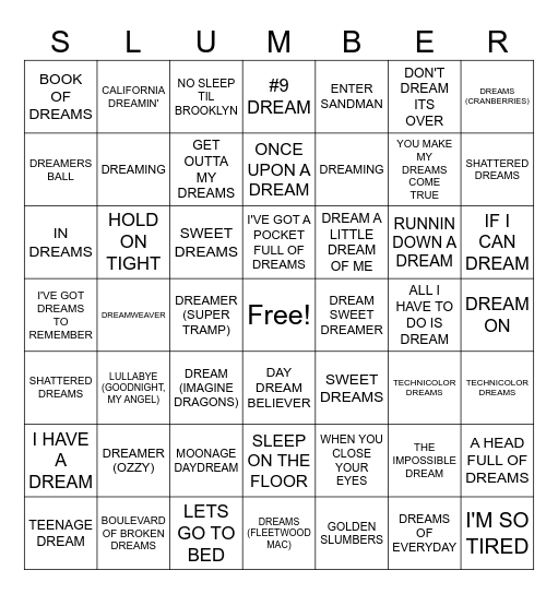 Sweet Dreams Bingo Card