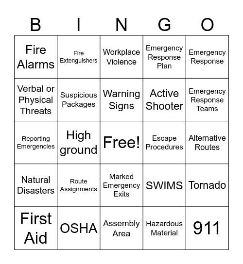 Emergency Preparedness Bingo Card