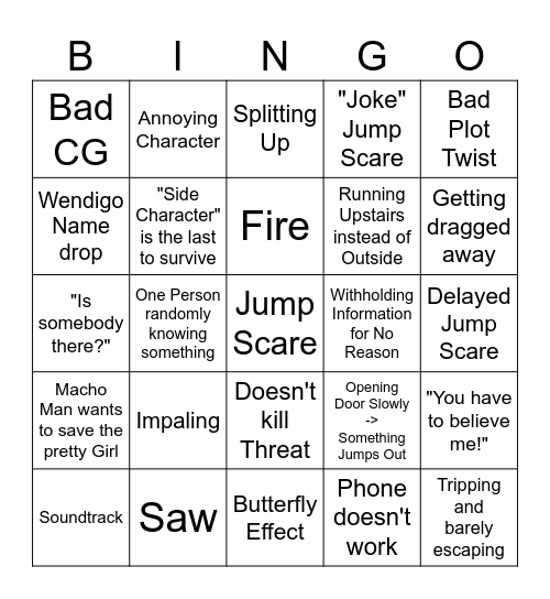 Until Dawn Movie Bingo Card