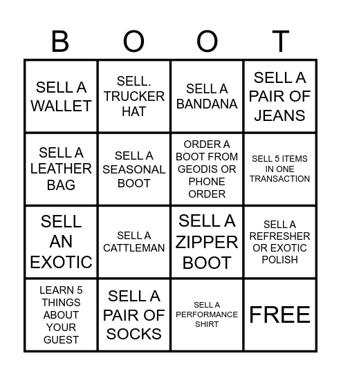 BOOT BINGO Card
