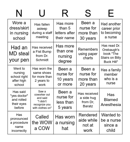 PREOP & PACU Bingo Card
