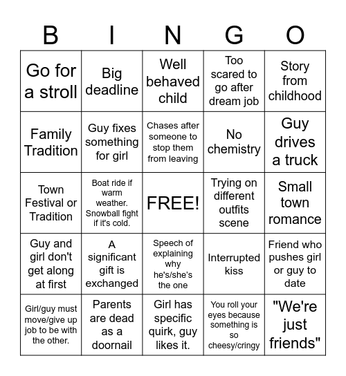 Hallmark Movie Bingo Card