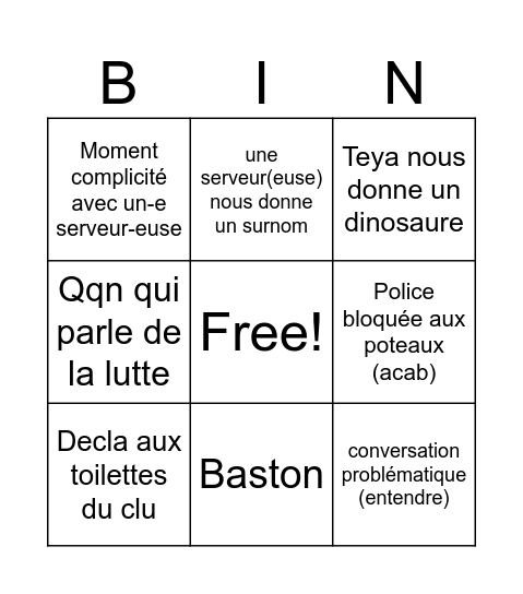 events Bingo Card