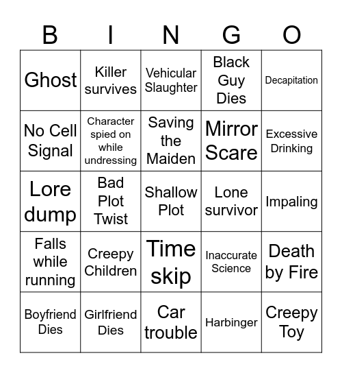 Bad Horror Movie Bingo Card