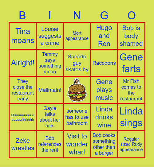 Bobs Burger Birthday Bingo Card