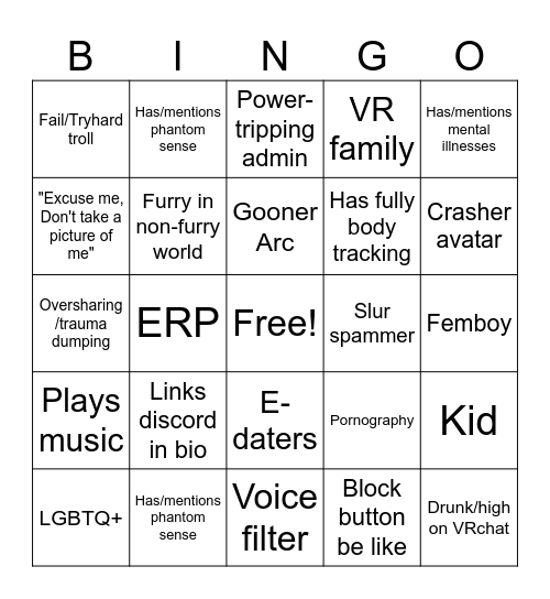 Vrchat Bingo Card
