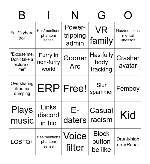 Vrchat Bingo Card