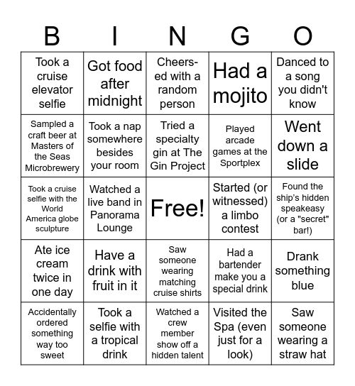 MSC World America Bingo Card
