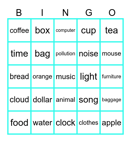 Countable & Uncountable Nouns Bingo Card