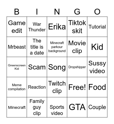 YouTube shorts Bingo Card