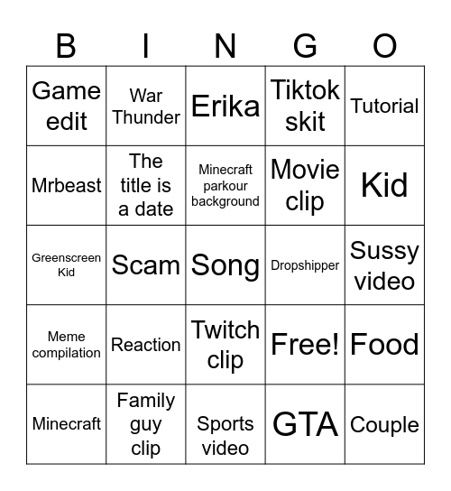 YouTube shorts Bingo Card