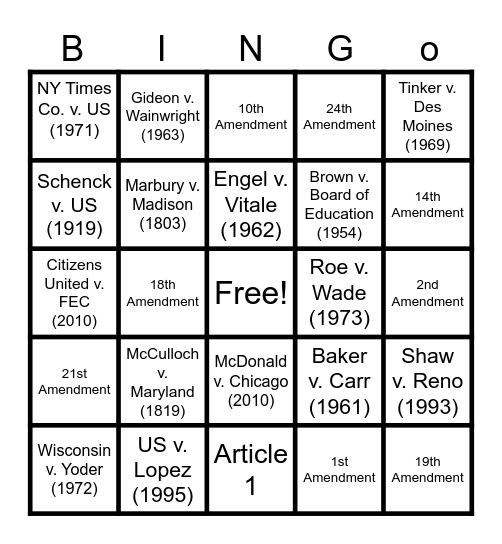 Required Supreme Court Cases Bingo Card