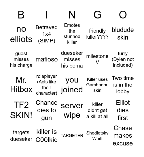 Forsaken Bingo Card
