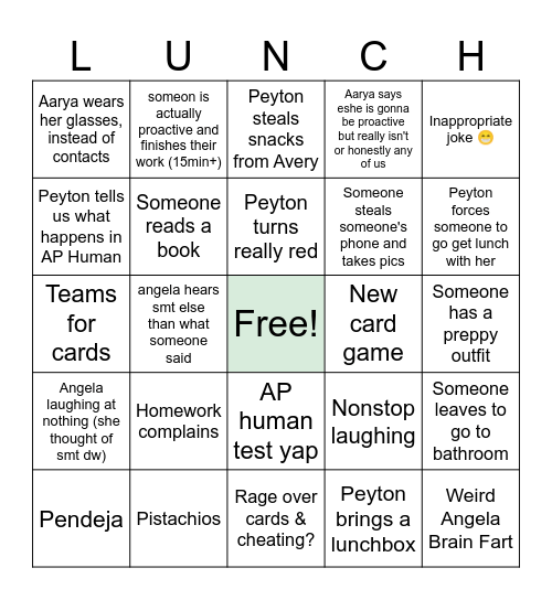 Lunch Bingo!! Bingo Card