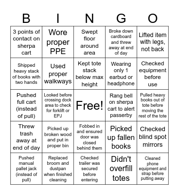 Safety Bingo Card