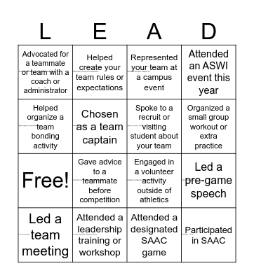 TWU SAAC "LEAD" Bingo Card