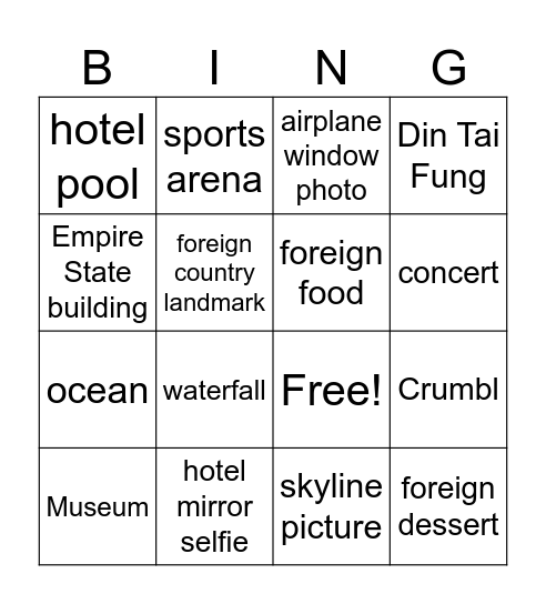 Travel Bingo Card