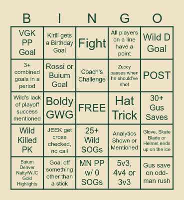 Wild vs Golden Knights: Game 4 Bingo Card
