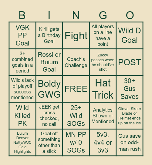 Wild vs Golden Knights: Game 4 Bingo Card