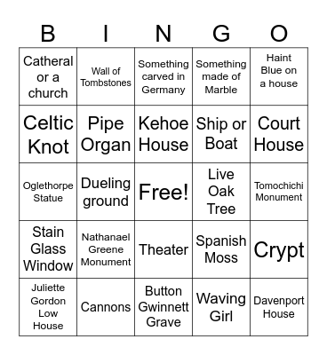 Savannah Walking Tour Bingo Card