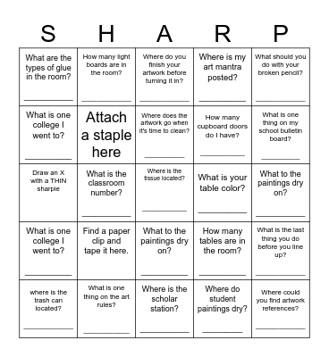 ART ROOM Scavenger Hunt Bingo Card