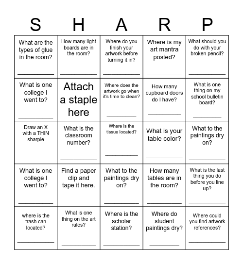 ART ROOM Scavenger Hunt Bingo Card
