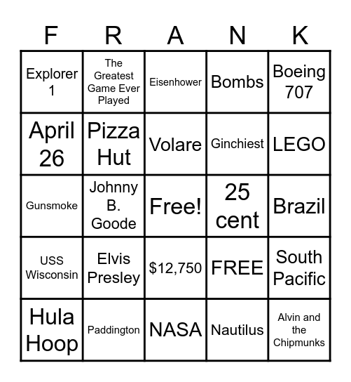 1958 Bingo Card