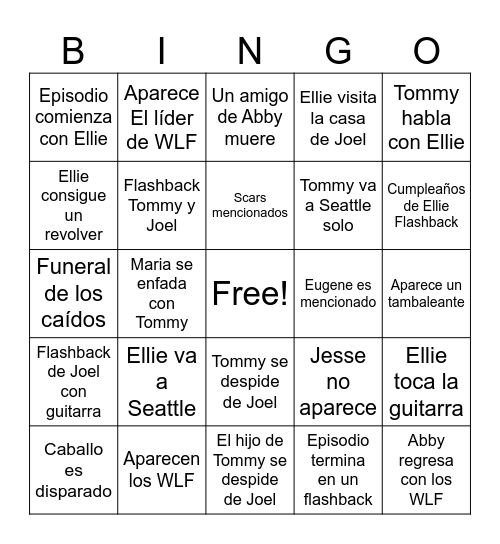 The Last Of Us Season 2 Episode 3 Bingo Card