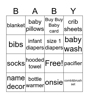 Tristan's Baby Shower Bingo Card