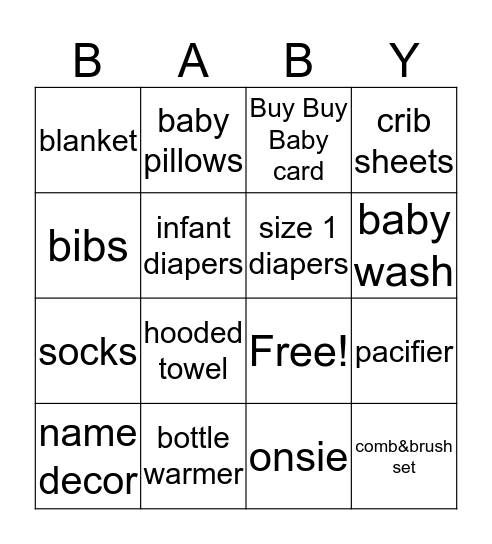 Tristan's Baby Shower Bingo Card