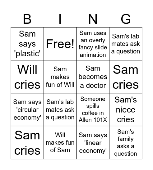 Sam's Defense! Bingo Card