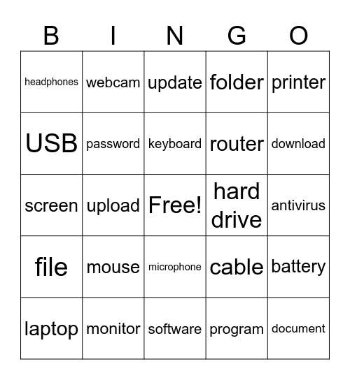 Hardware and Software Vocabulary Bingo Card