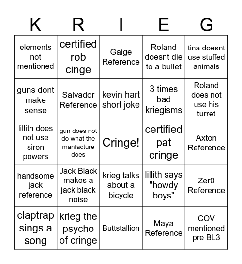 Borderland Movie Bingo Card