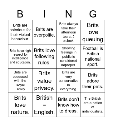 Stereotypes Bingo Card