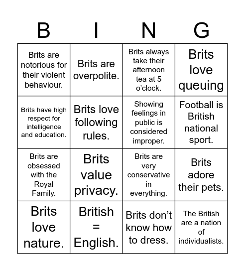 Stereotypes Bingo Card