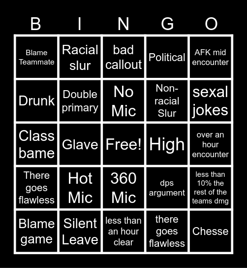 destiny 2 ff card Bingo Card