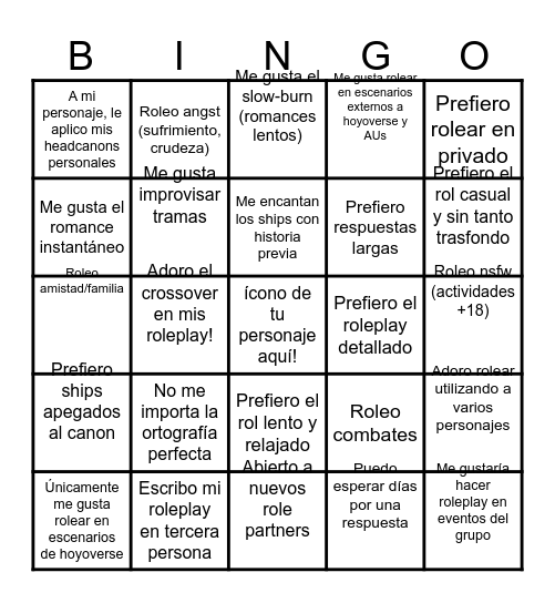 Roleplay Bingo Card
