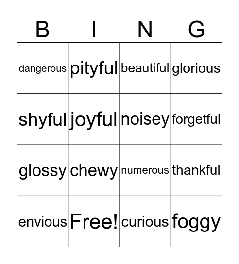 SUFFIXES Bingo Card