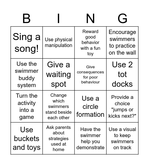 Swim Instructor BINGO Card