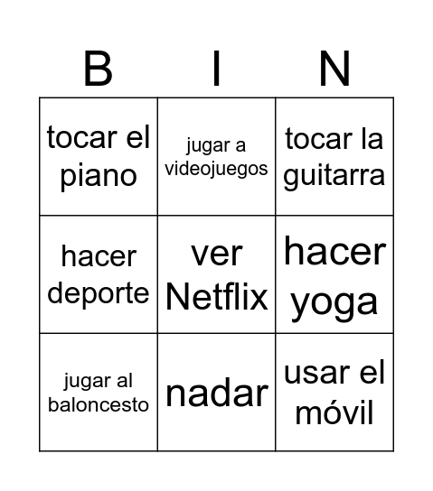 Las aficiones Bingo Card