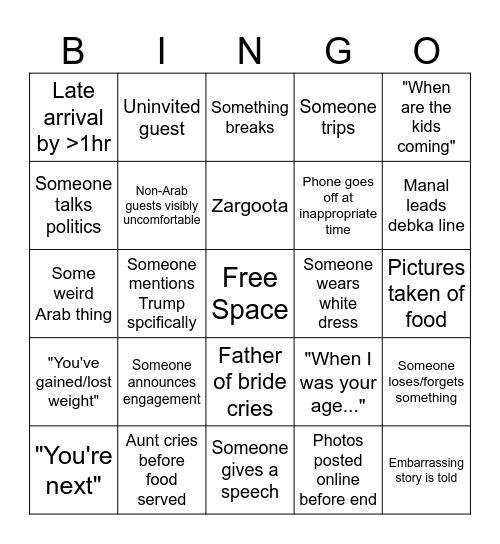 Wedding Bingo Card
