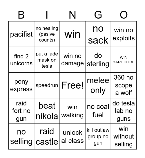 dead rails Bingo Card