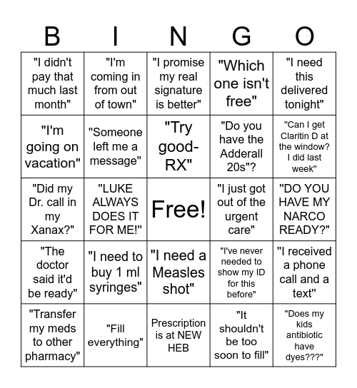 Pharmacy Bingo Card