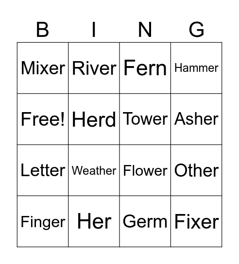 ER sounds Bingo Card