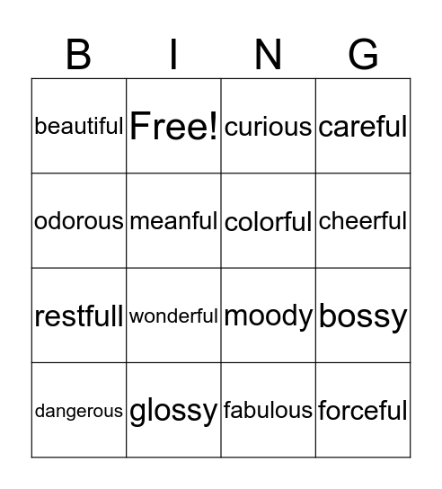 SUFFIXES Bingo Card