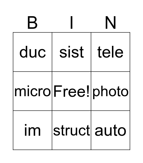 Roots Bingo Card