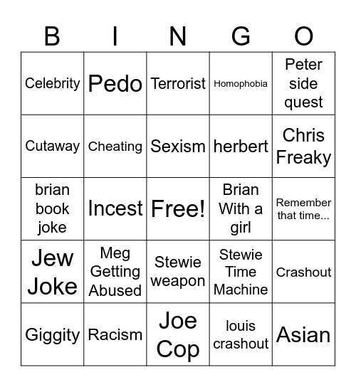 Family Guy Bingo Card