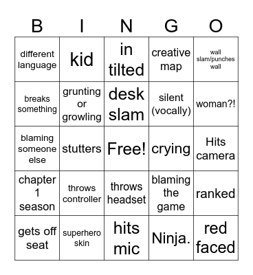 fortnite gamer rage Bingo Card