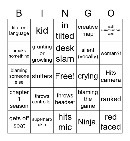fortnite gamer rage Bingo Card